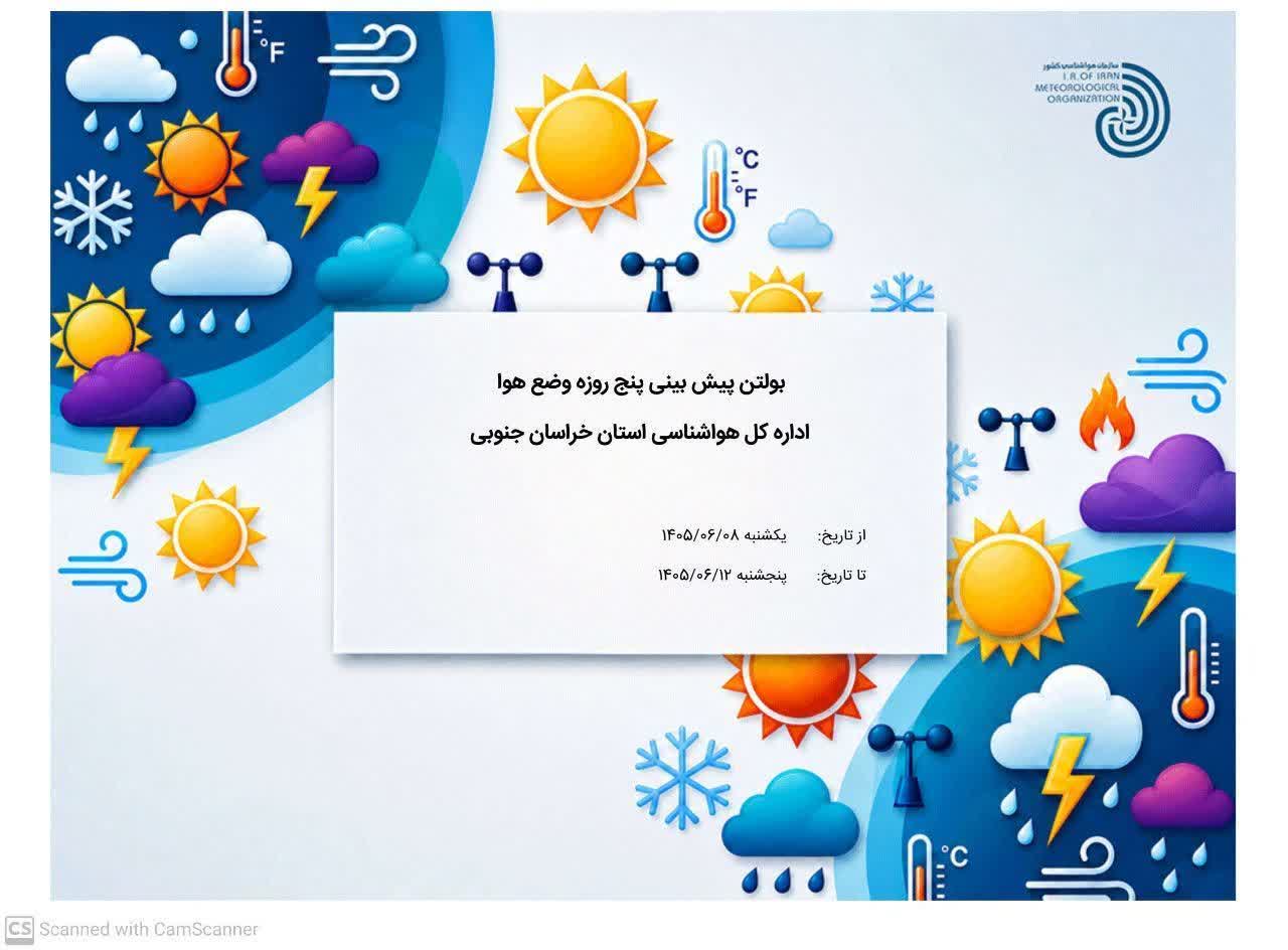 پیش‌بینی ۵ روزه وضع هوای شهرستان‌های استان خراسان جنوبی
