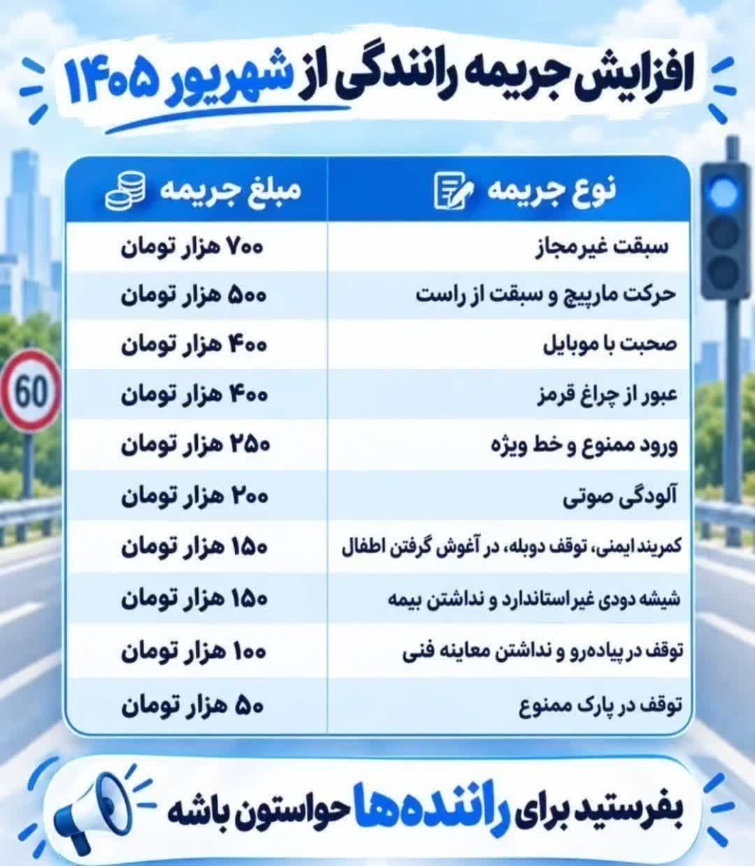 افزایش جریمه رانندگی از شهریور ۱۴۰۵