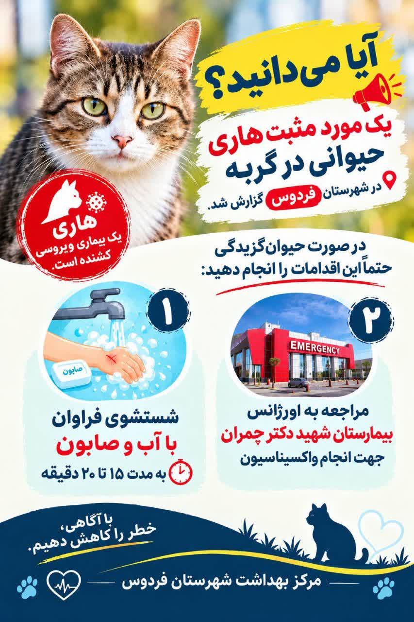 گزارش یک مورد هاری حیوانی در گربه در شهرستان فردوس و توصیه‌های پیشگیرانه