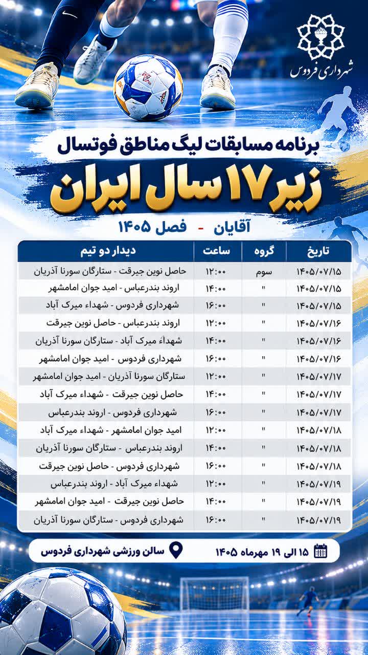 میزبانی فردوس در رقابت‌های لیگ مناطق فوتسال زیر ۱۷ سال کشور